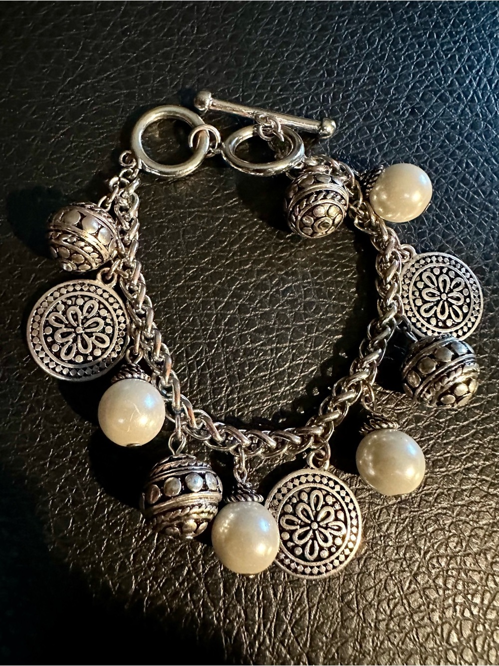 Silver Charm Bracelet with Pearl Accents